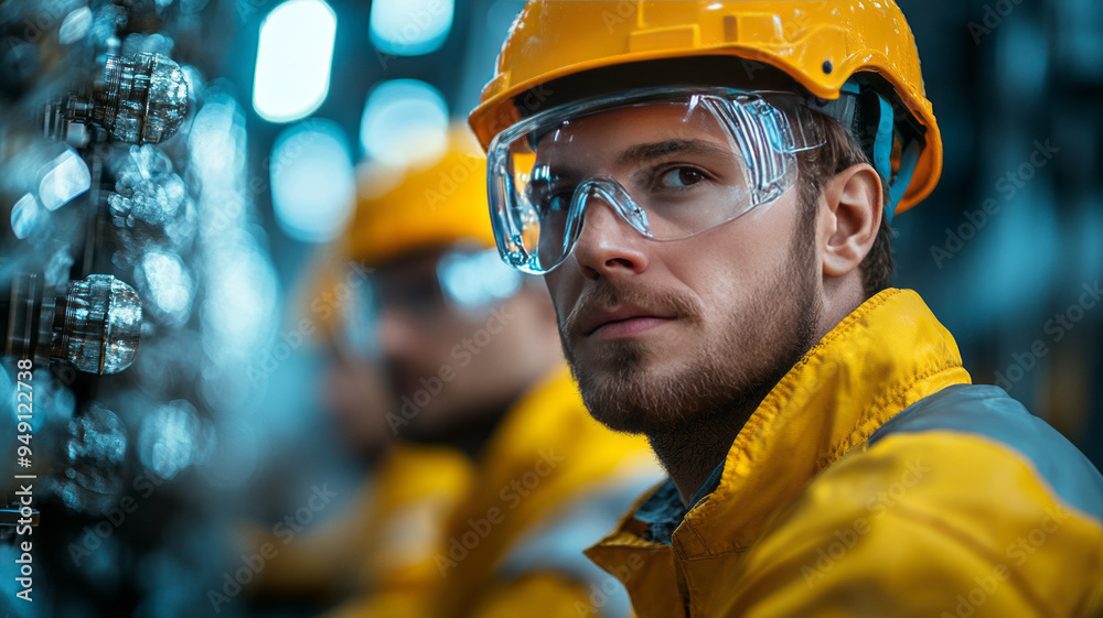 Front-line industrial workers in full safety gear, including helmets, gloves, and protective eyewear, operating machinery in a high-tech factory, Front-line industrial workers in full safety gear, including helmets, gloves, and protective eyewear, operating machinery in a high-tech factory,