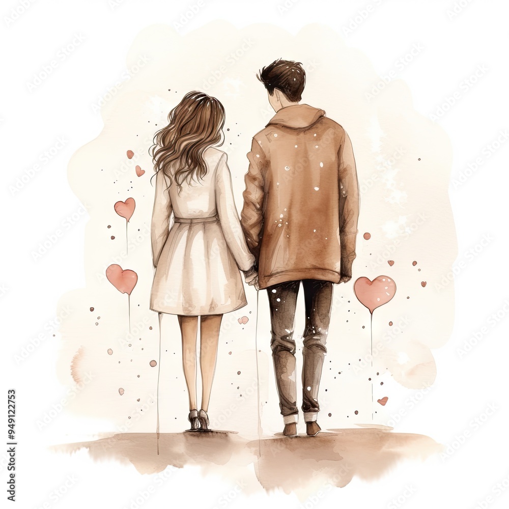 Watercolor hand drawn trendy cartoon couple Watercolor hand drawn trendy cartoon couple