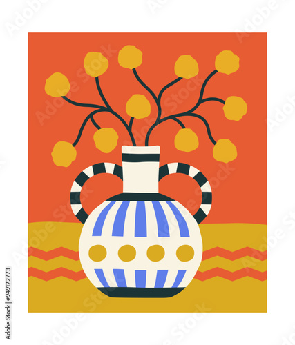 Still life poster. Vase with tree with yellow fetus. Minimalistic flyer with ceramic jug and plant. Decor and interior elements. Comfort and coziness. Leaflet and booklet. Flat vector illustration