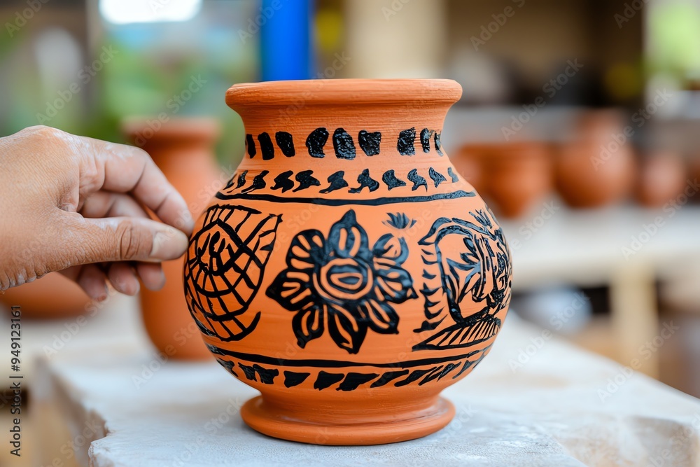 Native American Day with a focus on traditional pottery making, captured in a photo where artisans mold and fire clay, creating beautiful pottery decorated with designs that reflect their cultural Native American Day with a focus on traditional pottery making, captured in a photo where artisans mold and fire clay, creating beautiful pottery decorated with designs that reflect their cultural