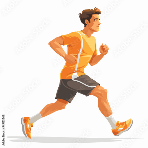 A man in an orange shirt and shorts is running. He is wearing orange shoes and has a determined look on his face