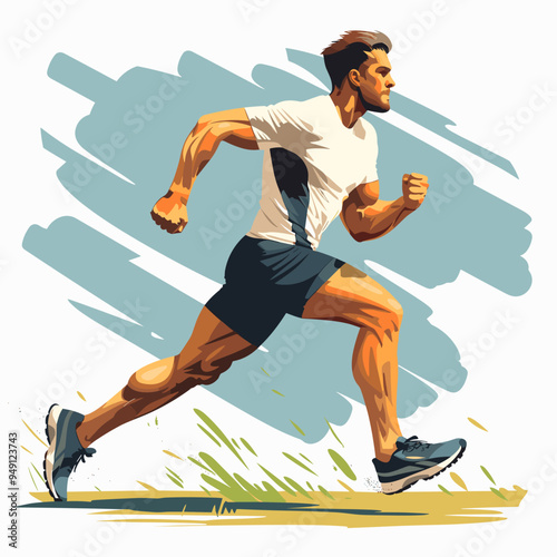 A man is running on a track with his arms outstretched. Concept of determination and athleticism