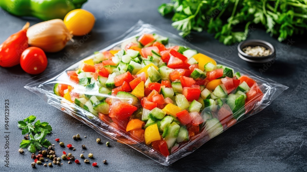 Chopped vegetable salad in a plastic bag. Perfect for illustrating fresh produce, healthy eating, or meal prep. Chopped vegetable salad in a plastic bag. Perfect for illustrating fresh produce, healthy eating, or meal prep.