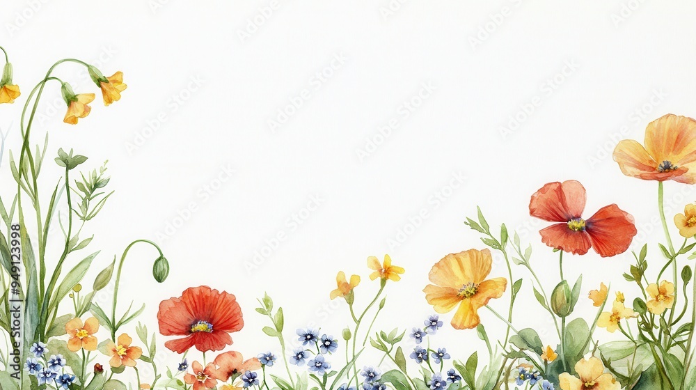 A vibrant watercolor illustration featuring a variety of colorful flowers and greenery against a soft white background. A vibrant watercolor illustration featuring a variety of colorful flowers and greenery against a soft white background.