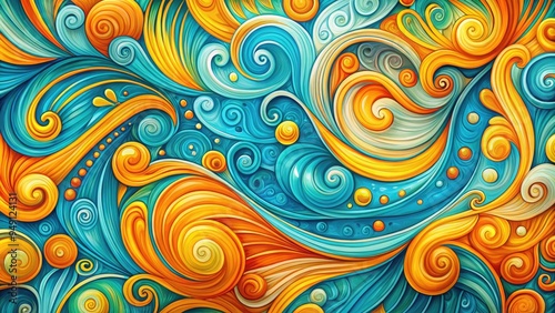 Vibrant, abstract swirls of turquoise, orange, and yellow combine in a whimsical, hand-drawn design, evoking a sense of playful energy and creative freedom.