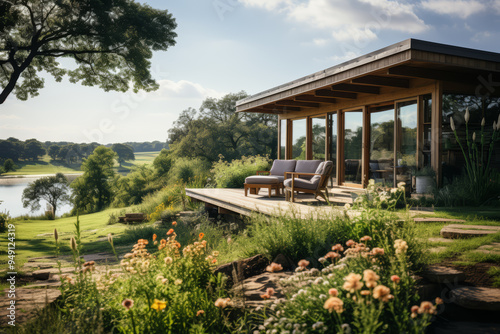 A secluded cabin overlooking a meadow of wildflowers. Concept of peaceful retreat. Generative Ai.