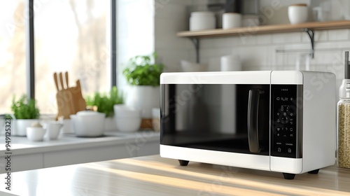 a modern white and black microwave in a house kitchen on the kitchen table. image used for an ad. 