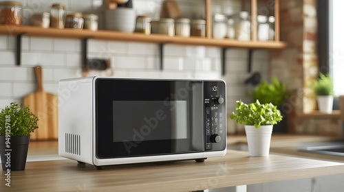 a modern white and black microwave in a house kitchen on the kitchen table. image used for an ad. 