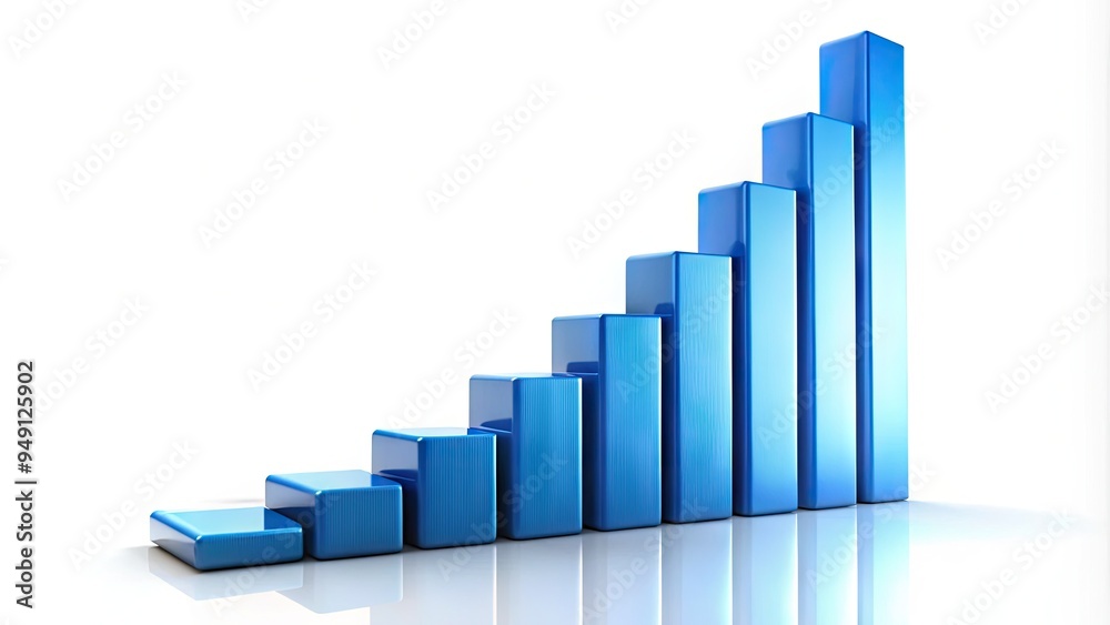 Vibrant blue 3D graph bars rise against a white background, illustrating a steady growth trend, with subtle shadows adding depth to the modern businessman's data analysis. Vibrant blue 3D graph bars rise against a white background, illustrating a steady growth trend, with subtle shadows adding depth to the modern businessman's data analysis.