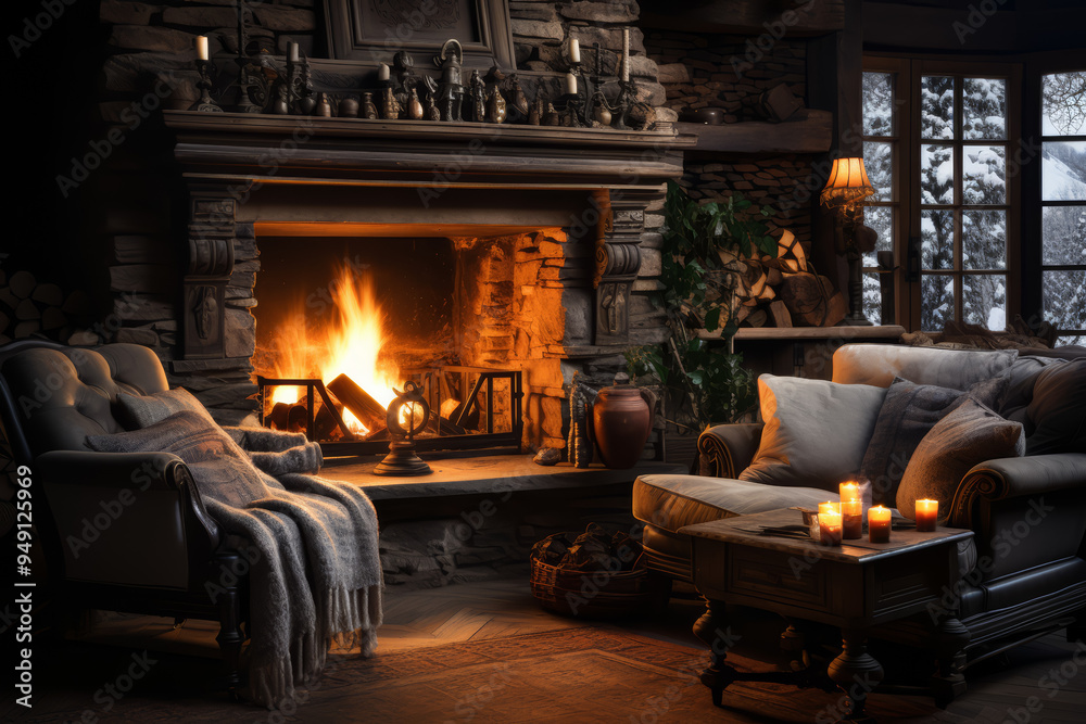 A cozy fireplace in a rustic cabin surrounded by snow. Concept of winter retreat. Generative Ai. A cozy fireplace in a rustic cabin surrounded by snow. Concept of winter retreat. Generative Ai.