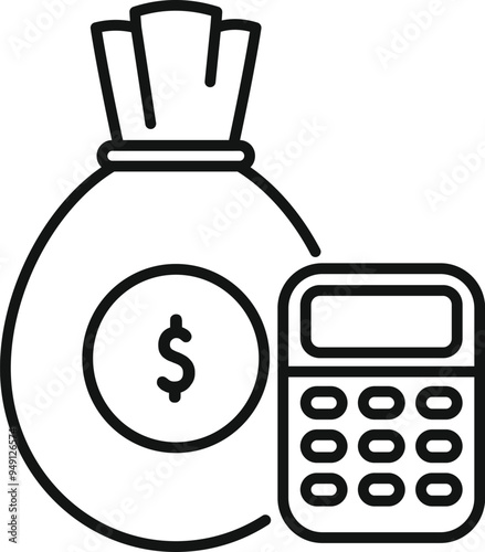 Line art vector icon of a money bag and a calculator representing the concept of budget planning