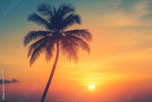 A single palm tree silhouetted against a vibrant sunset. Perfect for travel, vacation, and tropical themes.