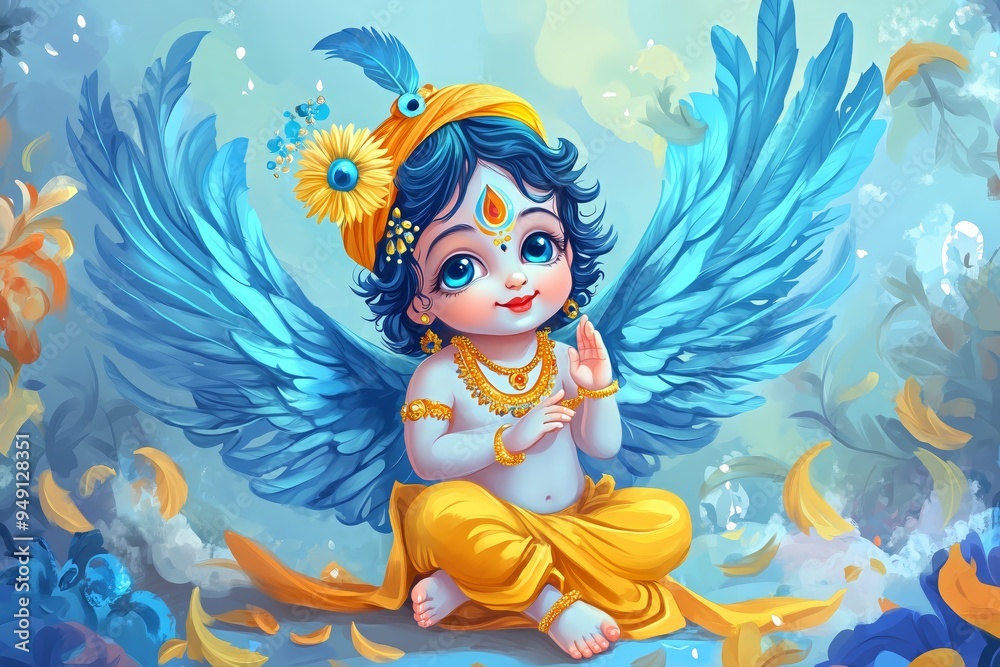 Little Krishna with Wings: A captivating illustration of the Hindu deity Krishna, depicted as a cherubic child with vibrant blue wings, radiating serenity and divine grace, surrounded by delicate flor Little Krishna with Wings: A captivating illustration of the Hindu deity Krishna, depicted as a cherubic child with vibrant blue wings, radiating serenity and divine grace, surrounded by delicate flor