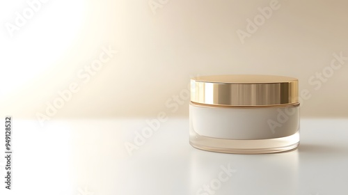 A realistic face view of a luxurious face cream jar with a gold lid, placed on a clean white surface with soft ambient lighting and an empty space