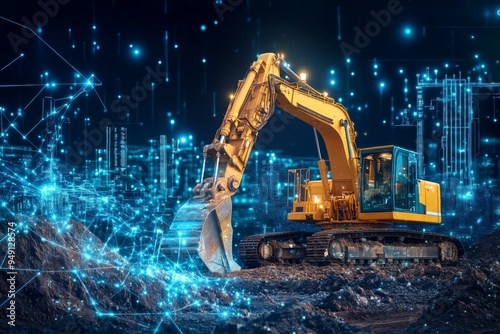 Excavator in a Digital Landscape: A yellow excavator digs into the earth, illuminated by a network of glowing data points, symbolizing the integration of technology and construction. 