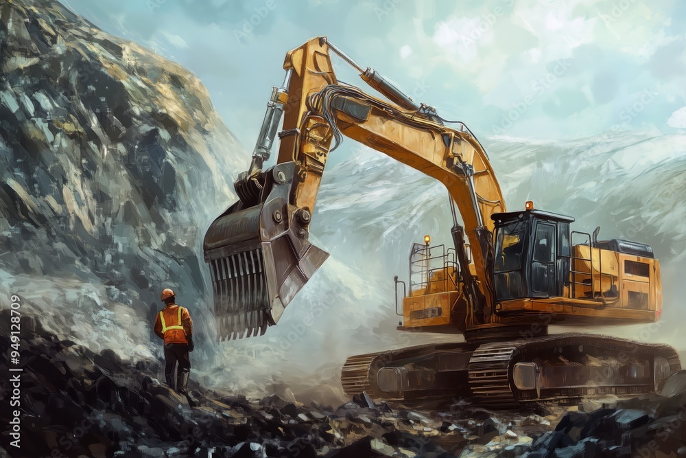 Excavator in Action: Powerful excavator working on a challenging terrain, with a worker overseeing the operation. The image evokes a sense of strength, resilience, and progress. Excavator in Action: Powerful excavator working on a challenging terrain, with a worker overseeing the operation. The image evokes a sense of strength, resilience, and progress.