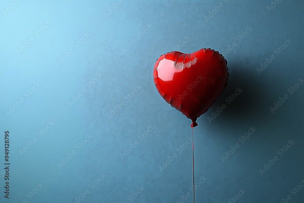 A solitary red heart-shaped balloon floats against a serene blue background. A solitary red heart-shaped balloon floats against a serene blue background.
