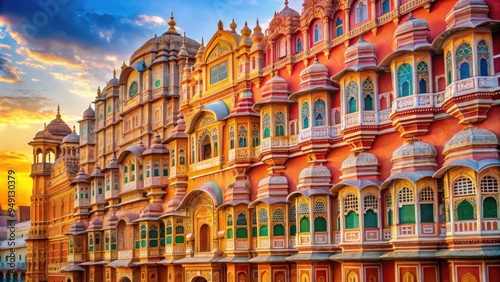 Vibrant colors merge as intricate Indian patterns adorn European-style architecture, blending cultural heritage in a stunning visual representation of Indo-European fusion and diversity. photo