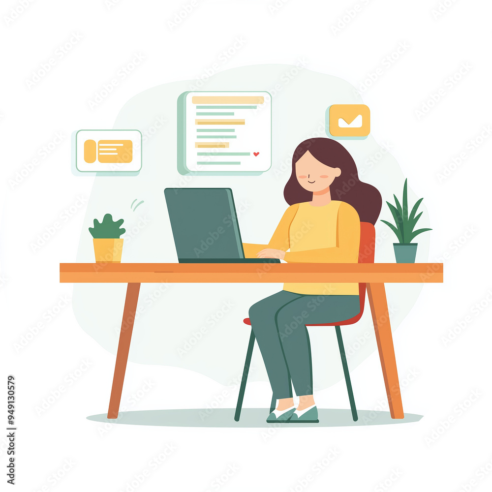 Woman working on computer laptop at wooden desk. Engaged in online live chat on communication application, digital media platform, and social network. Woman working on computer laptop at wooden desk. Engaged in online live chat on communication application, digital media platform, and social network.