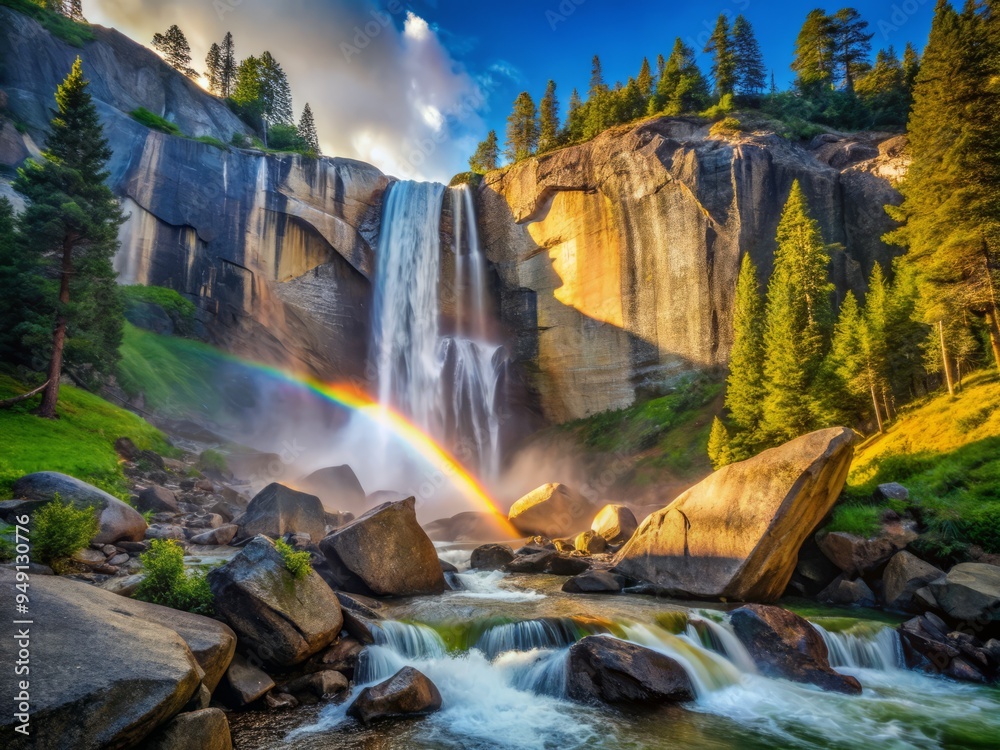 Fototapeta premium Vernal Fall in the evening, where delicate, crystalline formations have grown on the rocks, refracting the last rays of sunlight into a kaleidoscope of colors.