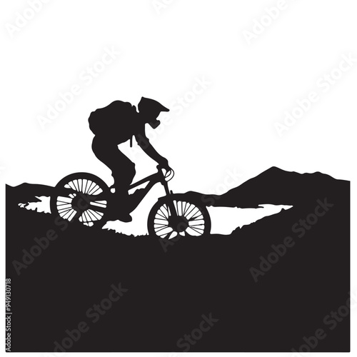 a person is riding a mountain bike with a mountain in the background vector 