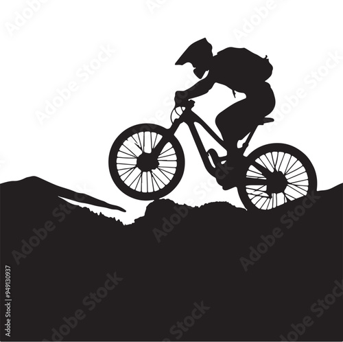 a person is riding a mountain bike with a mountain in the background vector 