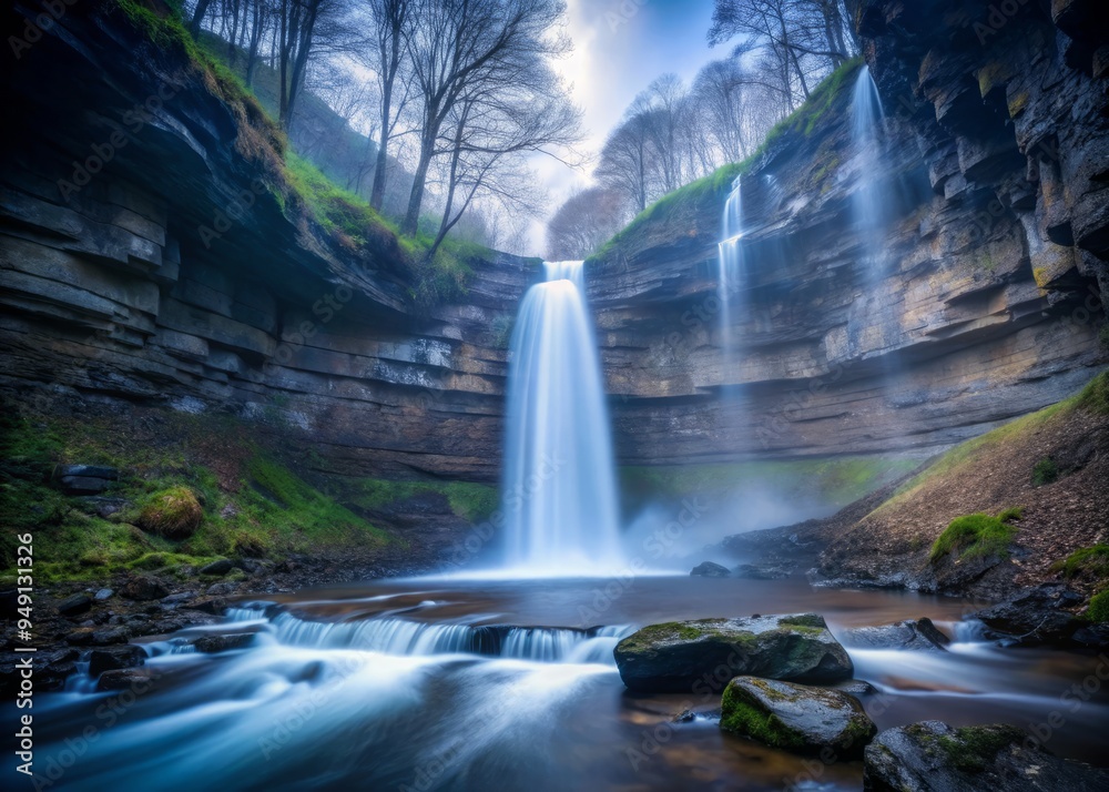 Hardraw Force in the evening, where the waterfall's mist takes the shape of a ghostly bride, lost in thought. Hardraw Force in the evening, where the waterfall's mist takes the shape of a ghostly bride, lost in thought.