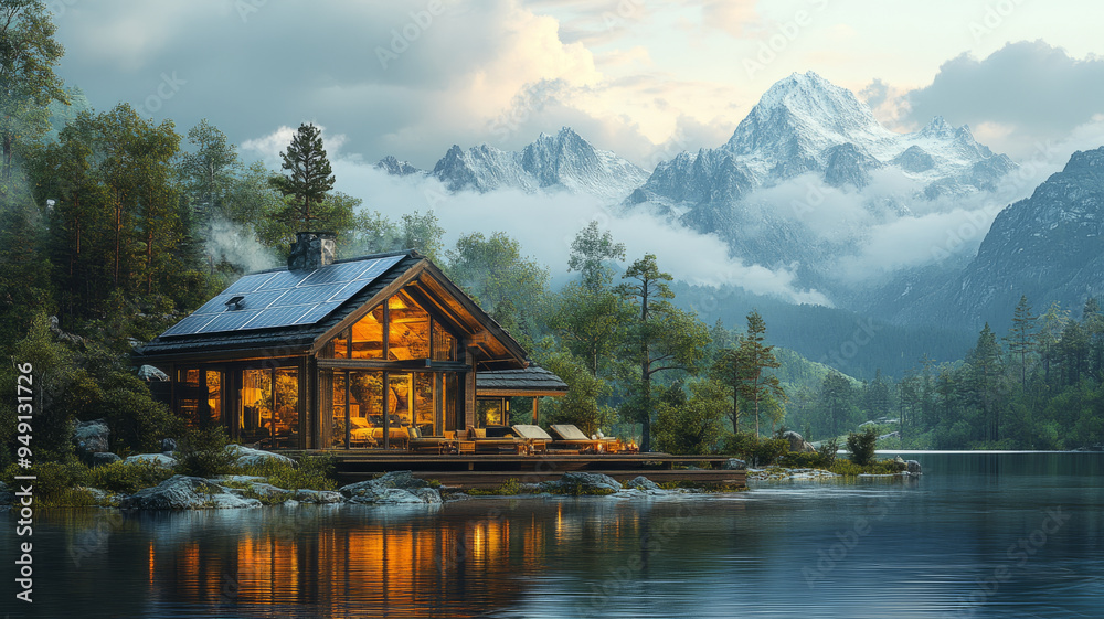 Fototapeta premium an eco-friendly cabin, solar panels on the roof, surrounded by a pristine natural setting.