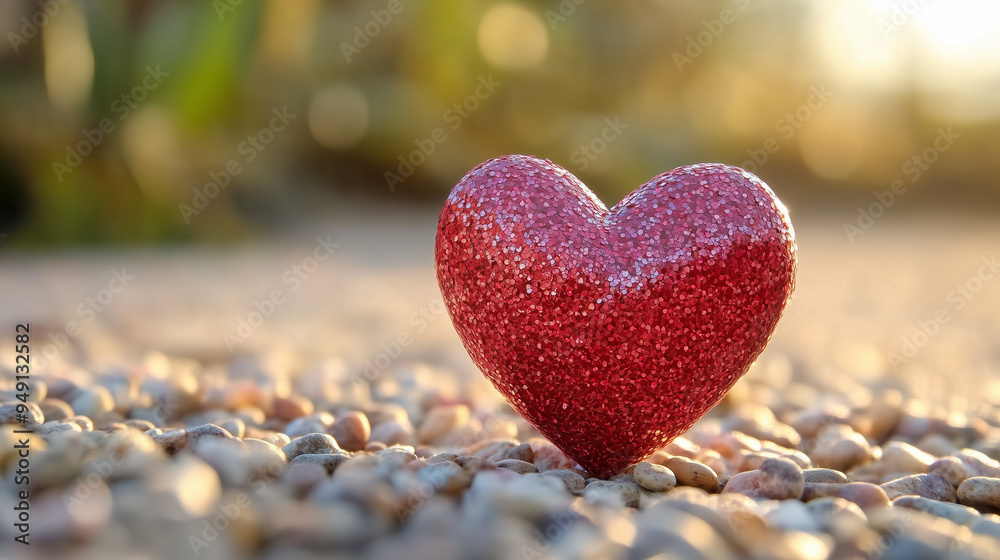 Fototapeta premium A red glitter heart rests on a bed of small stones.
