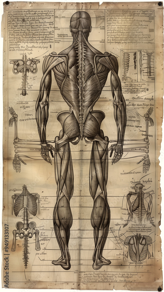 Fototapeta premium Detailed anatomical drawing of human musculature on aged paper. Vintage medical illustration showing back muscles, spine, and skeletal structure. Historical scientific sketch for educational purposes
