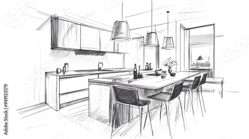 Hand sketch of Kitchen interior with sleek, modern furniture using black ink on a white background 