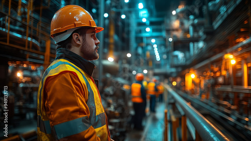 A team of industrial workers conducting maintenance on heavy equipment, all wearing reflective vests and safety harnesses, with the industrial backdrop showcasing precision and care