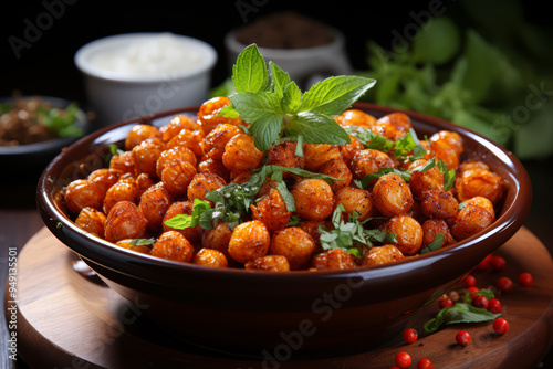 Roasted chickpeas seasoned with smoky paprika, a satisfyingly crunchy snack packed with protein. Concept of savory satisfaction. Generative Ai. photo