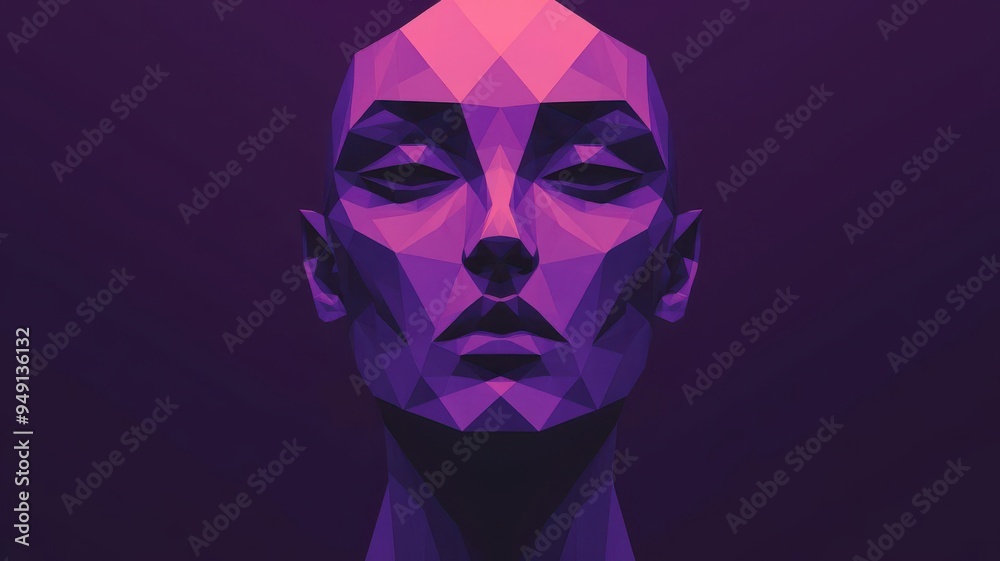Naklejka premium Geometric portrait in deep purples and blacks, evoking mystery and the unknown