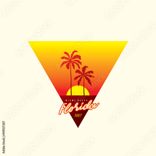 Original vector retro print isolated on white background. Palm trees on sunset background. T-shirt design.