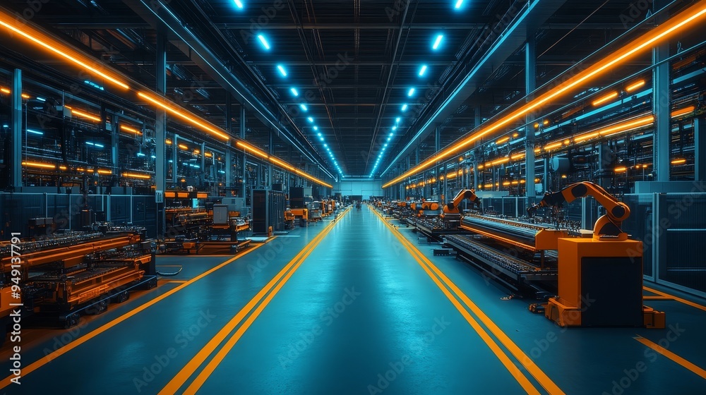 A large-scale copper board production line, robots soldering components on copper sheets, futuristic factory, neon blue lighting, high-tech machinery, photo-realistic, wide-angle shot A large-scale copper board production line, robots soldering components on copper sheets, futuristic factory, neon blue lighting, high-tech machinery, photo-realistic, wide-angle shot