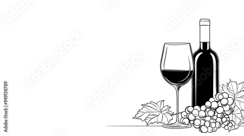 A classic illustration of red wine, a wine glass, and grapes, perfect for wine enthusiasts and elegant dining themes.