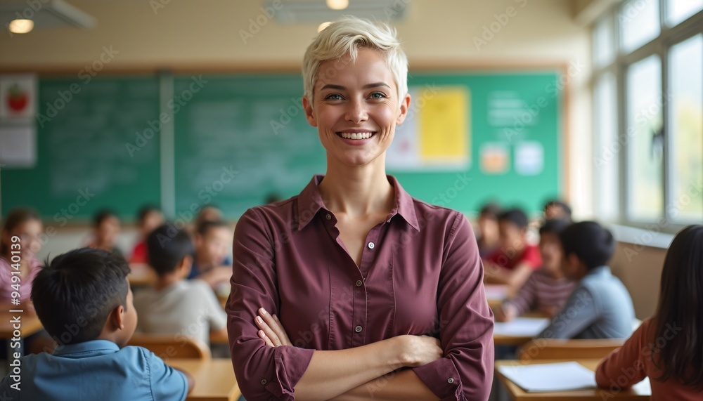 Fototapeta premium Inspiring white blonde female educator on World Teachers' Day