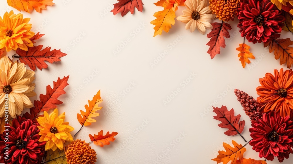 A vibrant arrangement of autumn flowers and leaves on a light background, capturing the essence of fall's beauty. A vibrant arrangement of autumn flowers and leaves on a light background, capturing the essence of fall's beauty.