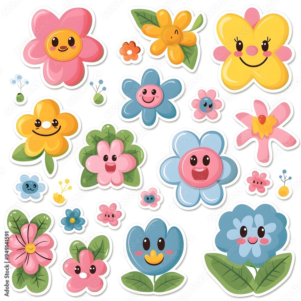 Obraz premium sticker set of cute cartoon flowers icon, white background, vector art illustration clipart