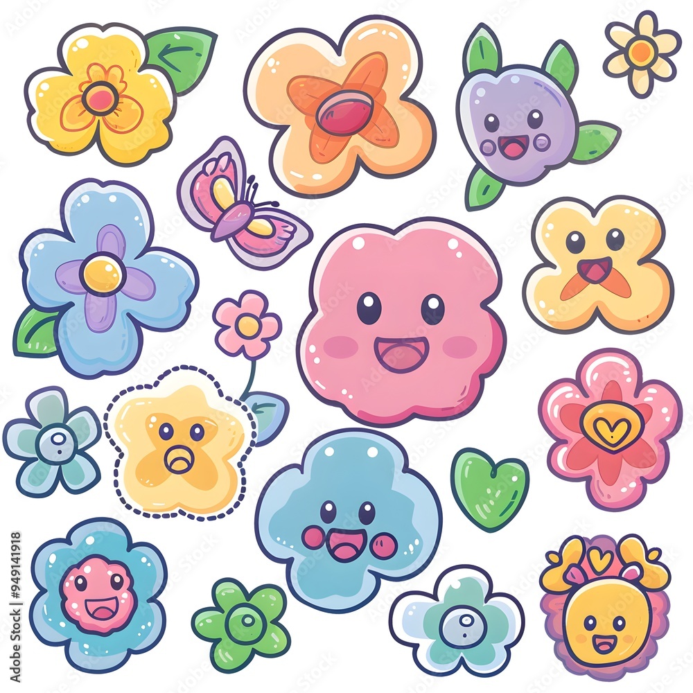 sticker set of cute cartoon flowers icon, white background, vector art illustration clipart sticker set of cute cartoon flowers icon, white background, vector art illustration clipart