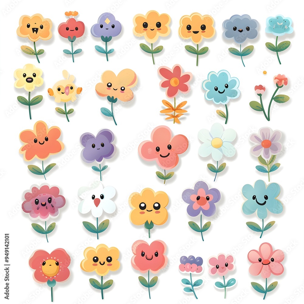 Obraz premium sticker set of cute cartoon flowers icon, white background, vector art illustration clipart