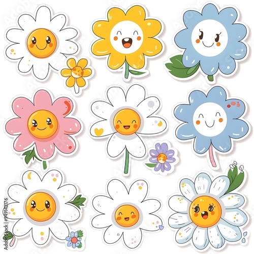 sticker set of cute cartoon flowers icon, white background, vector art illustration clipart