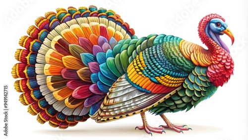 Vibrant vector illustration of a proud turkey with colorful feathers, standing against a white background, featuring intricate details and subtle textures.