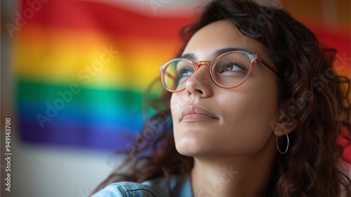 A thoughtful LGBT individual on Bi Visibility Day, looking pensive close-up, rainbow flag background photo