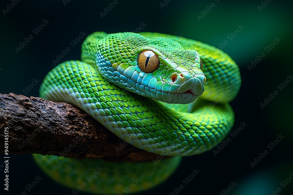 Fototapeta premium A green mamba coiled around a branch, showcasing its sleek and deadly beauty.