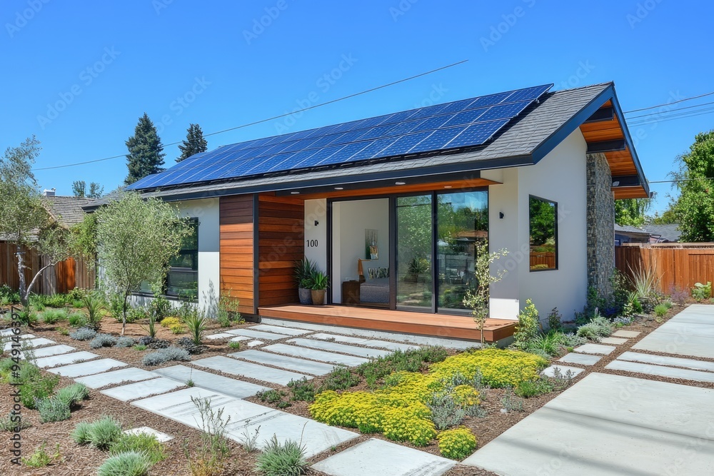 Modern home with solar panels. Perfect for illustrating sustainable living, renewable energy, and eco-friendly architecture. Modern home with solar panels. Perfect for illustrating sustainable living, renewable energy, and eco-friendly architecture.