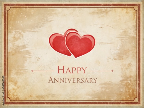 Vintage-inspired minimalist ecard with a subtle watercolor effect and distressed textures, showcasing a pair of matching hearts icon with a soft red border for a romantic anniversary message photo