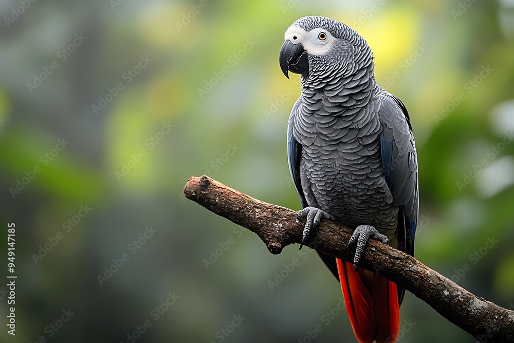 Obraz premium An African grey parrot perched on a branch in soft natural light.