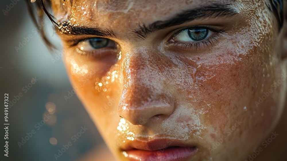 Close-up of a man's face covered in sweat, glistening in the sunlight. . Close-up of a man's face covered in sweat, glistening in the sunlight. .